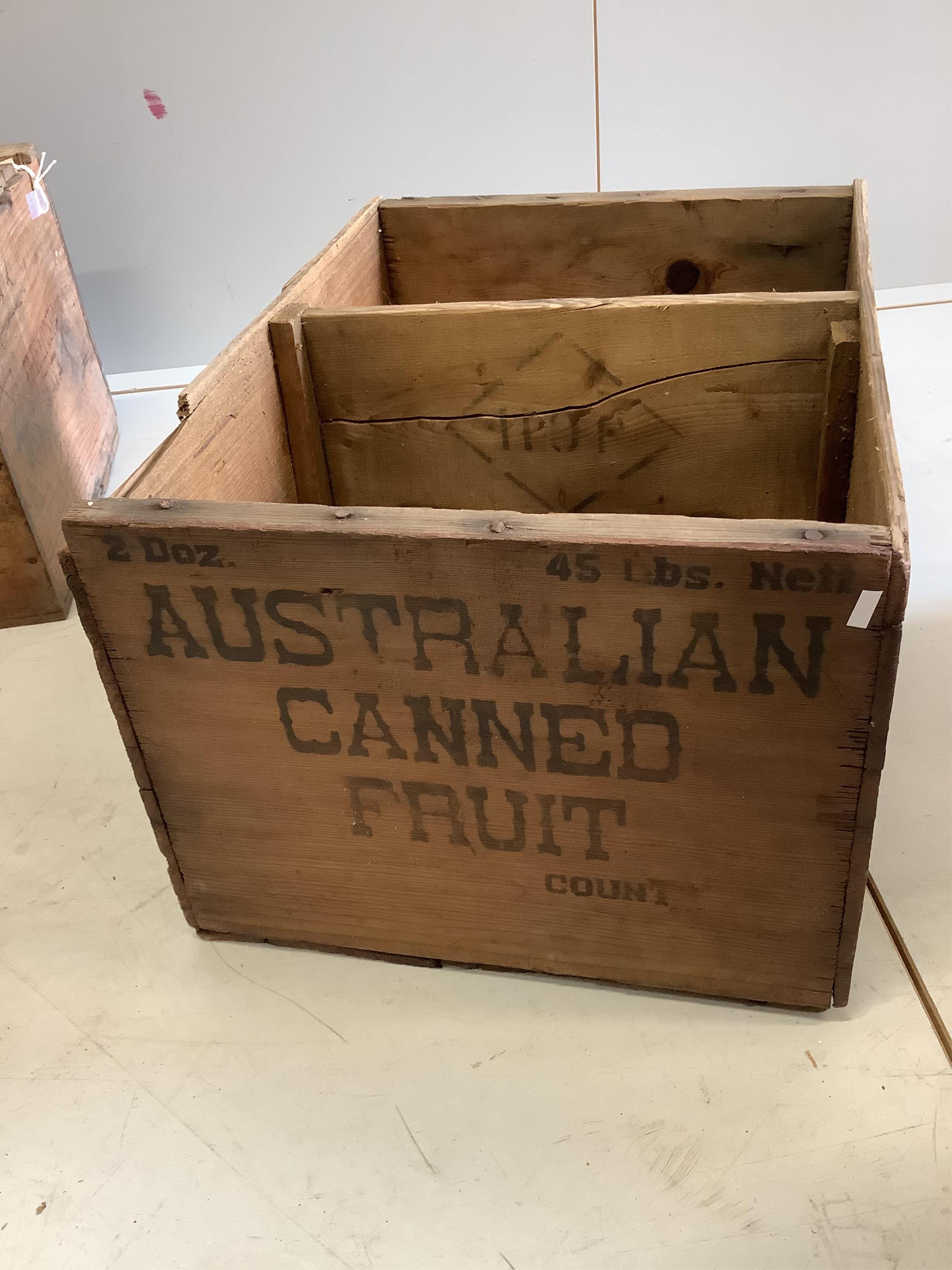 Seven vintage port, whisky and fruit crates, largest width 43cm, height 27cm. Condition - poor